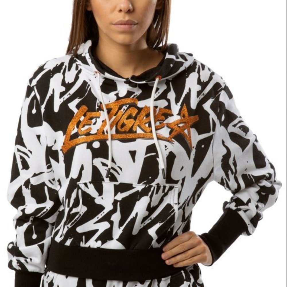 New‎ Le Tigre XL White Black Orange Glitter Logo Valerie Crop Pullover Hoodie